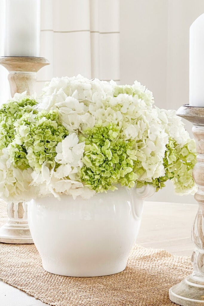 green and white hydrangeas in a cache pot