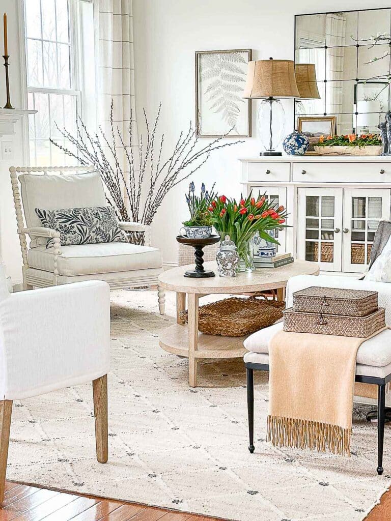 spring decor: living room dressed up for spring.