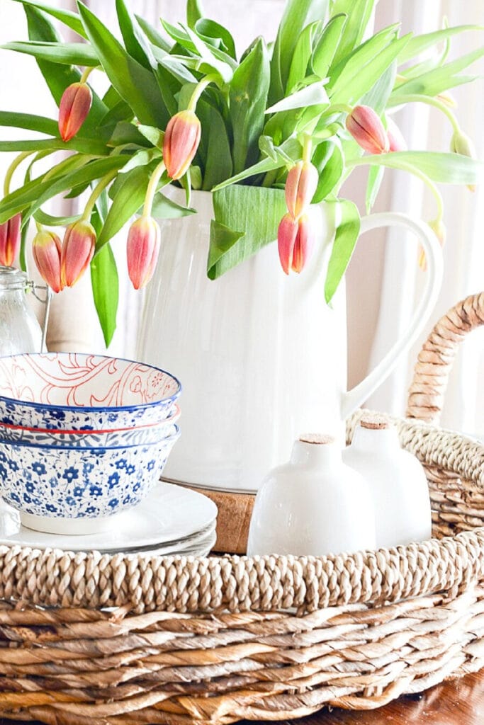 a spring vignette with pretty spring tulips