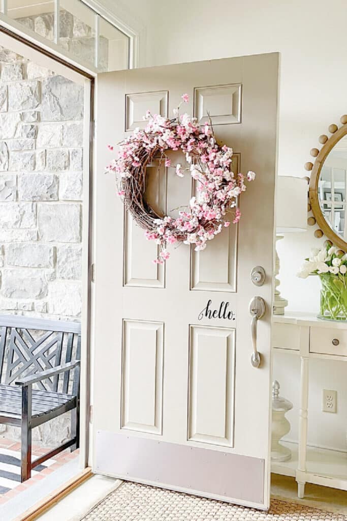 CHERRY BLOSSOM WREATH ON A FRONT DOOR