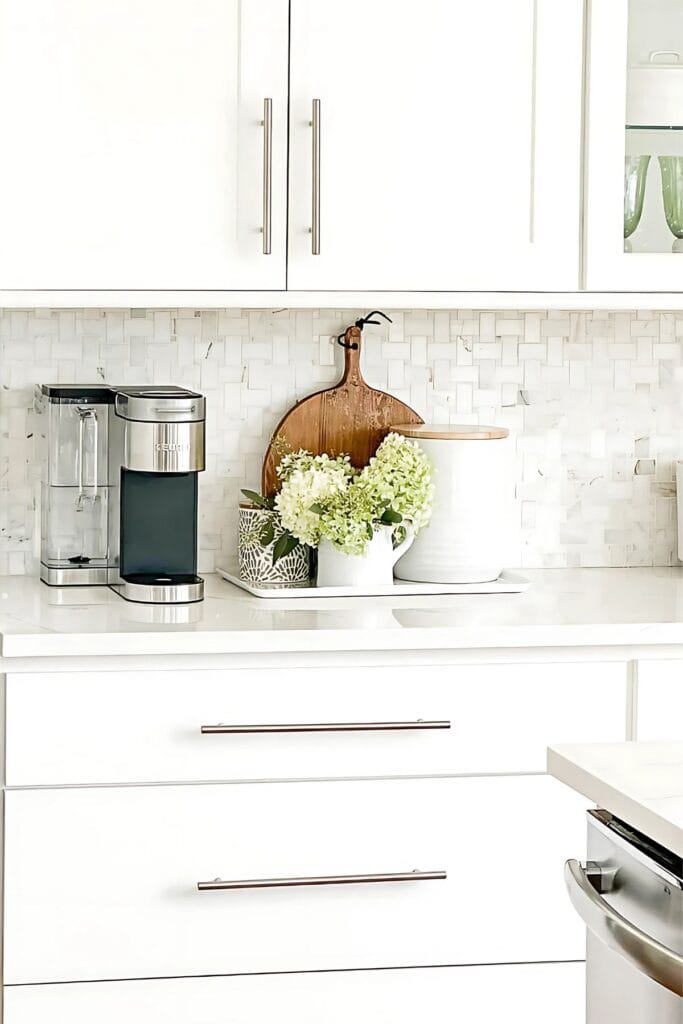 coffee station with hydrangeas in the kitchen