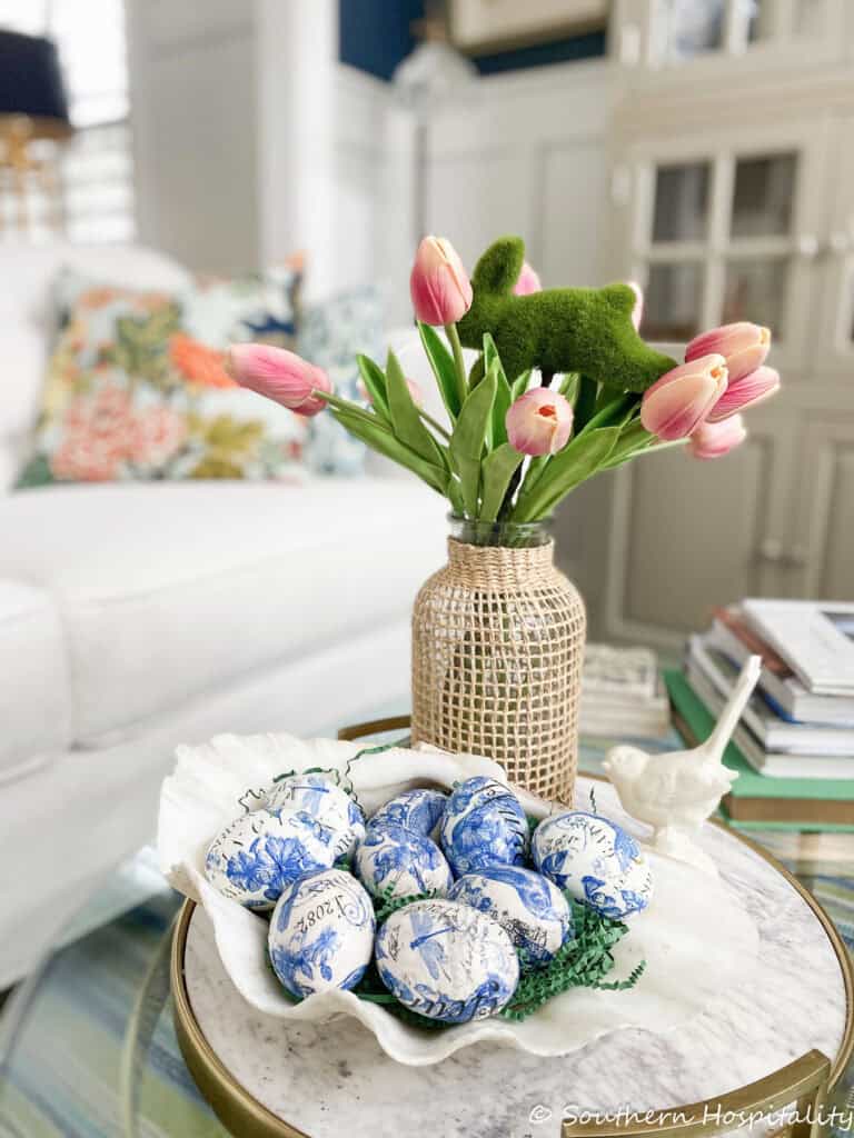 Easter vignette with decoupaged Easter eggs