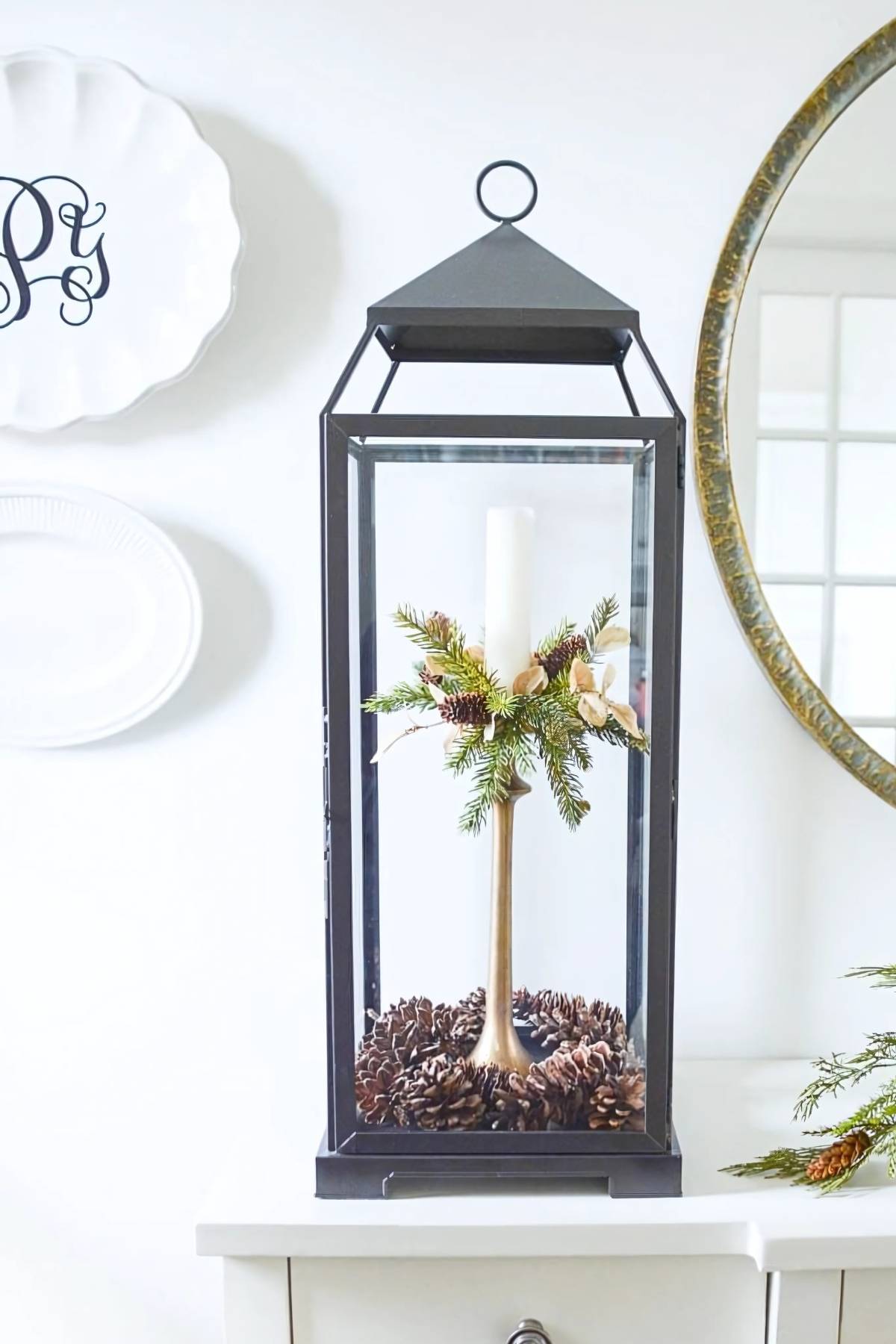lantern with pinecones