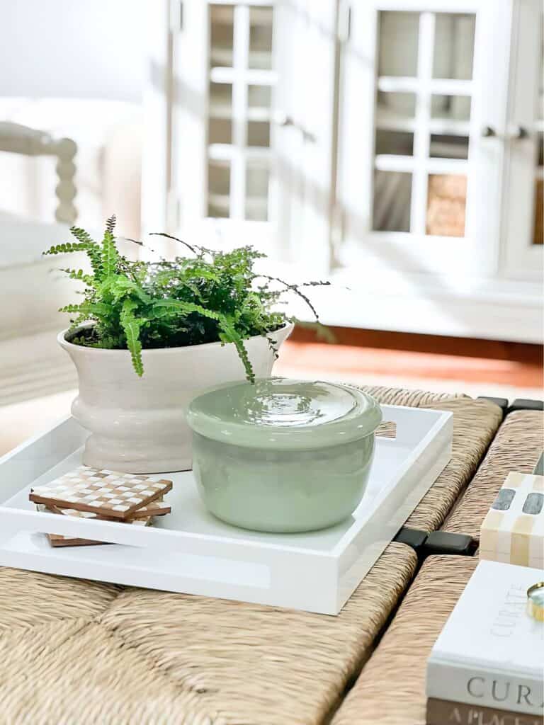 large coffee table-vignette on a white tray