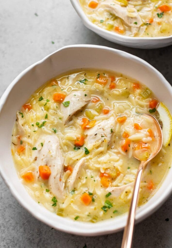 bowl of lemon chicken orzo SOUP