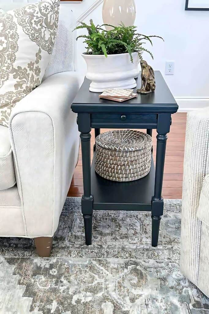 small end table-basket on lower shelf