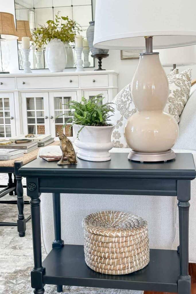 small end table-basket on lower shelf