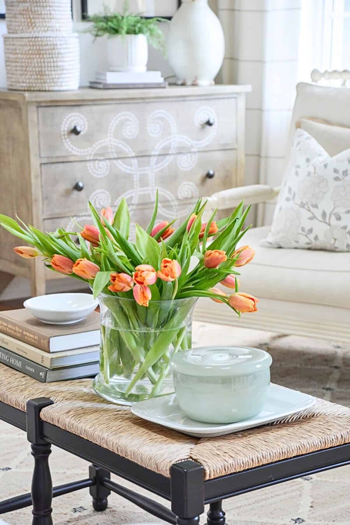 spring tulips on a coffee table