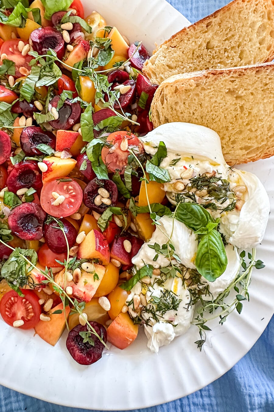 Tomato Peach Cherry and Baratta Salad With Herb Vinaigrette