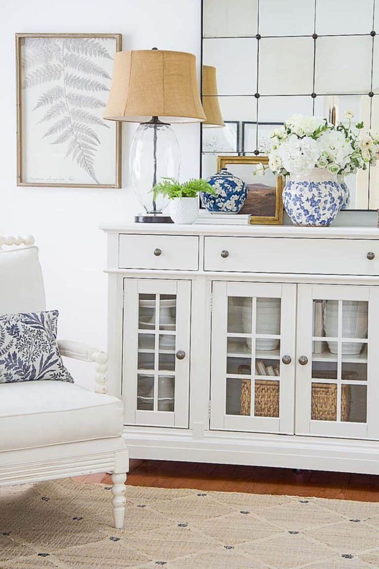 white buffet with blue accents