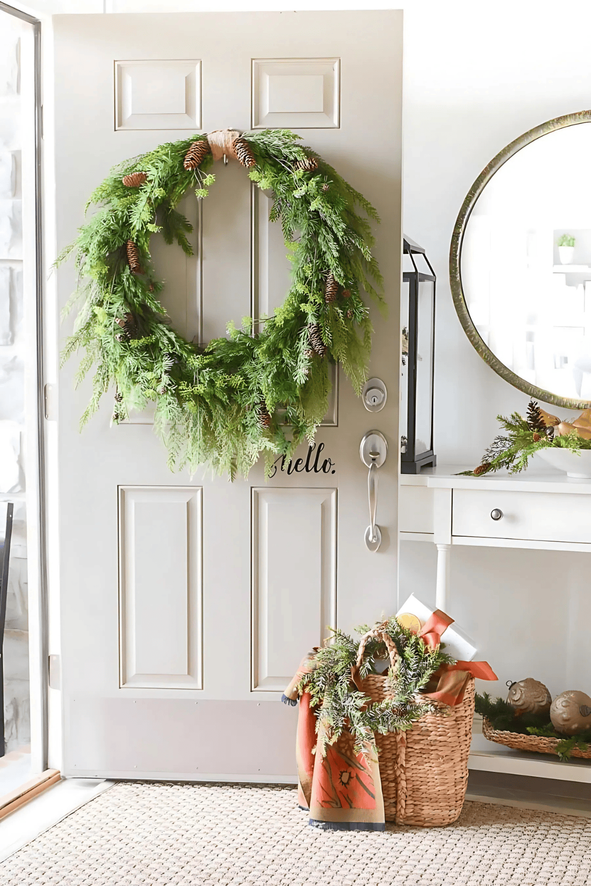 CHRISTMAS WREATH ON AN OPEN FRONT DOOR